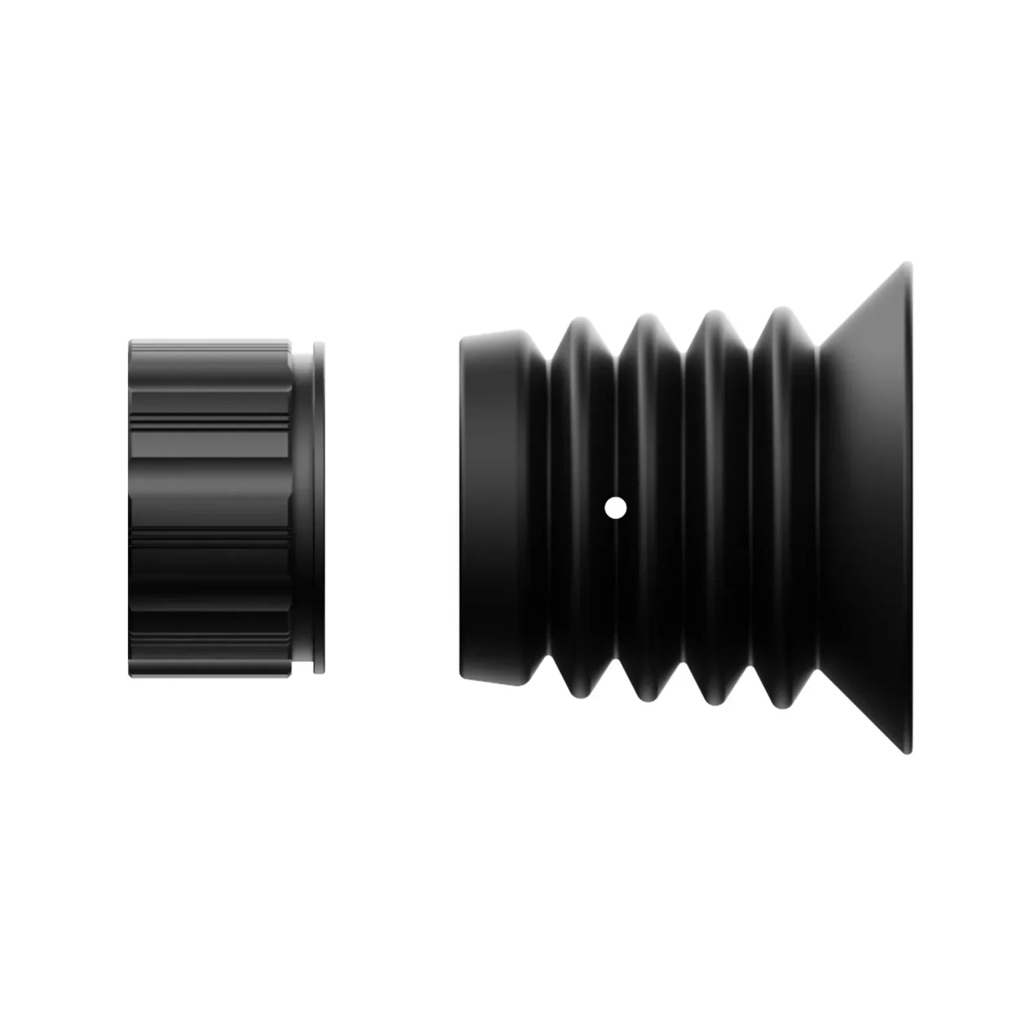 Black rubber eyepiece and lens adapter set for thermal optics on white background
