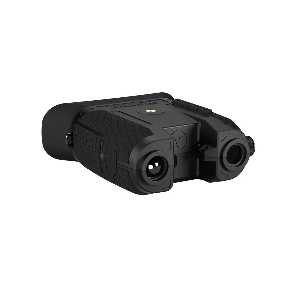 Digital night vision monocular device with rugged black textured body, isolated on white