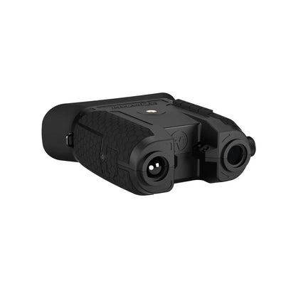 Digital night vision monocular device with rugged black textured body, isolated on white