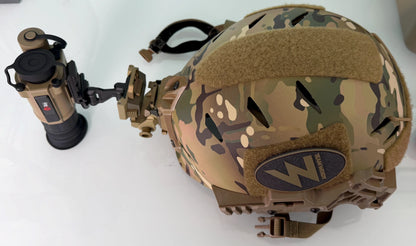 InfiRay thermal monocular mounted on a camouflage tactical helmet