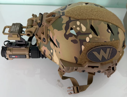 InfiRay thermal monocular mounted on a camouflage tactical helmet