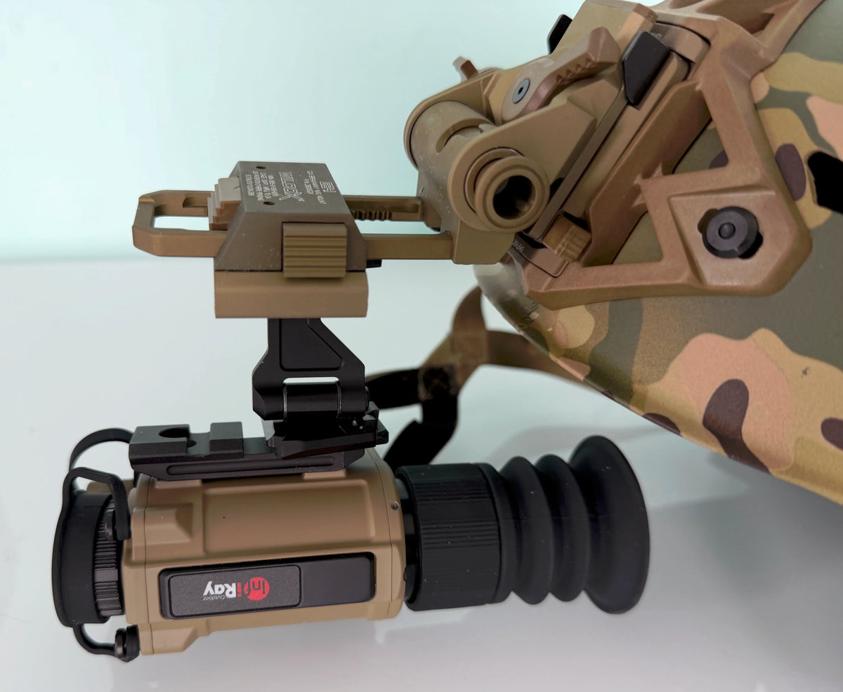 InfiRay RICO MICRO V2 RH25 thermal monocular mounted on a camouflage tactical helmet