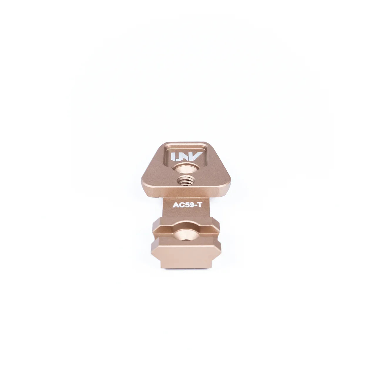 Tan metal night vision optic mount adapter labeled AC59-T on white background