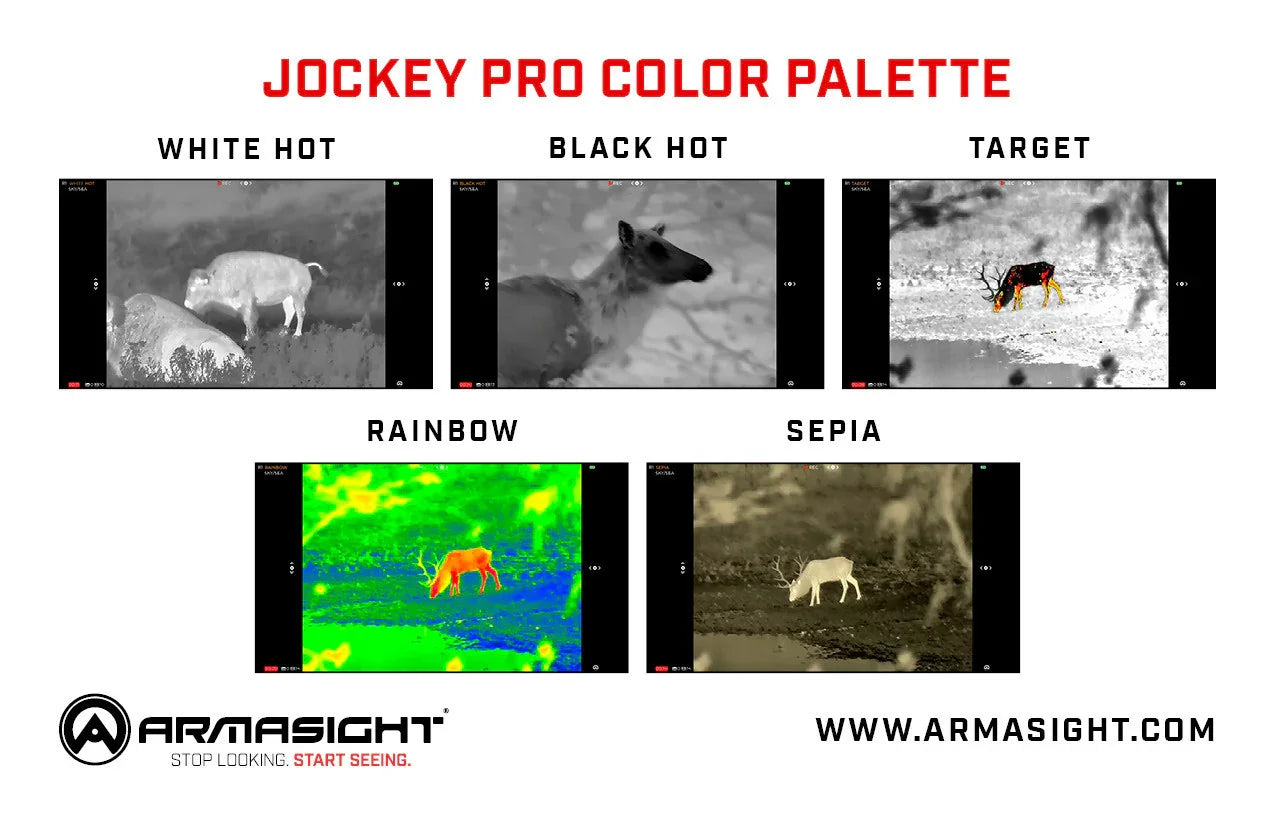 Thermal imaging color palette comparison with white hot, black hot, target, rainbow, and sepia modes.