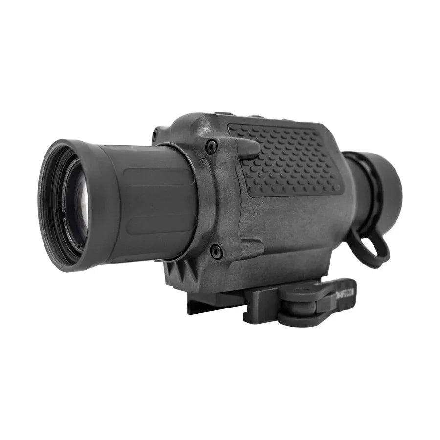 Black night vision monocular with textured grip on a white background