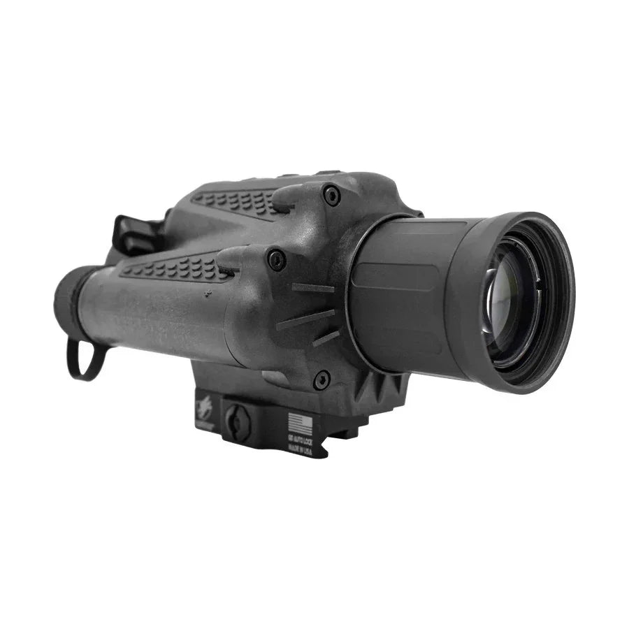 Black handheld night vision thermal monocular optic with textured grip on white background