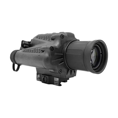 Black handheld night vision thermal monocular optic with textured grip on white background