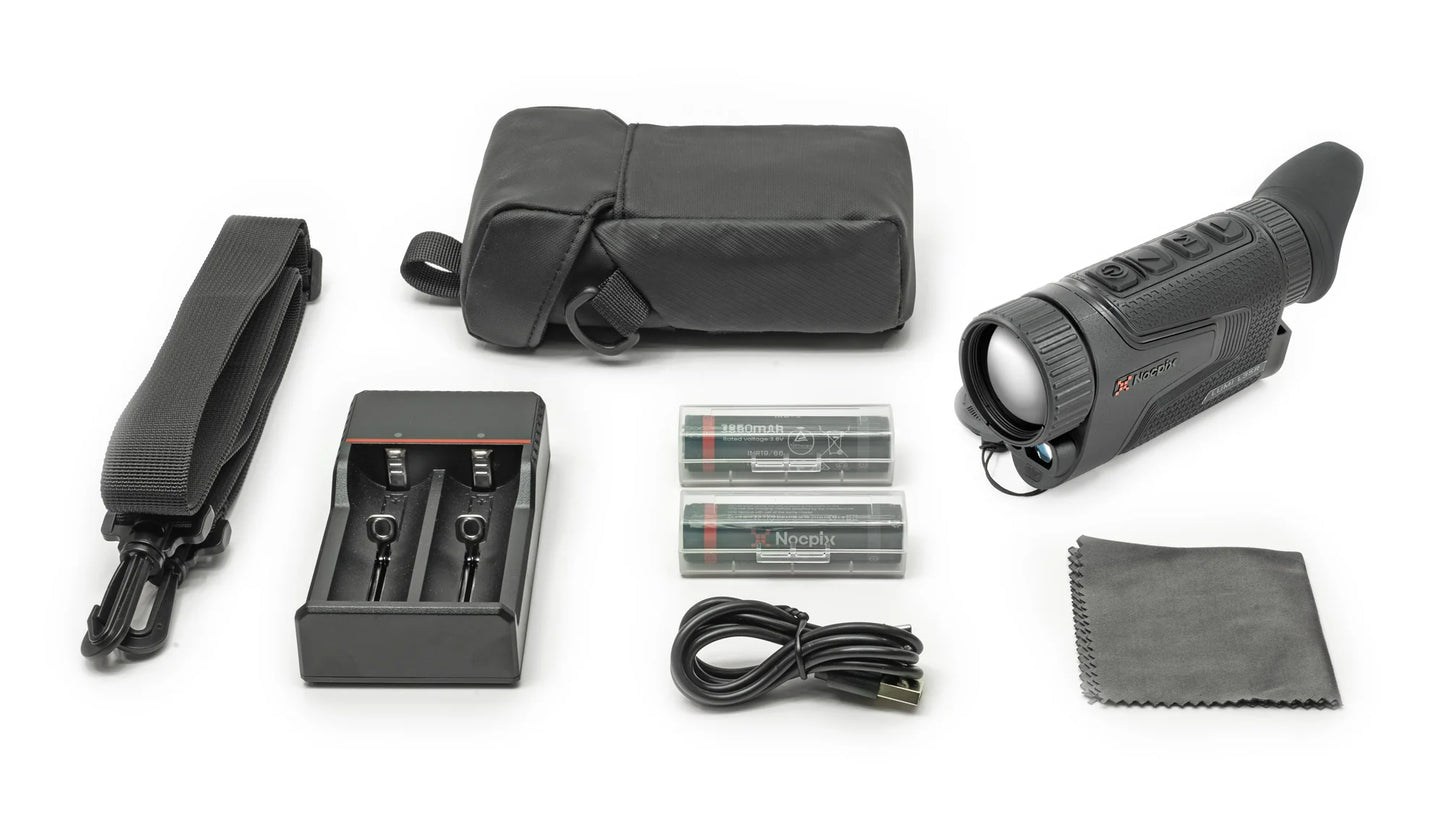 Night vision monocular kit with batteries, charger, carrying case, strap, USB cable, and cleaning cloth