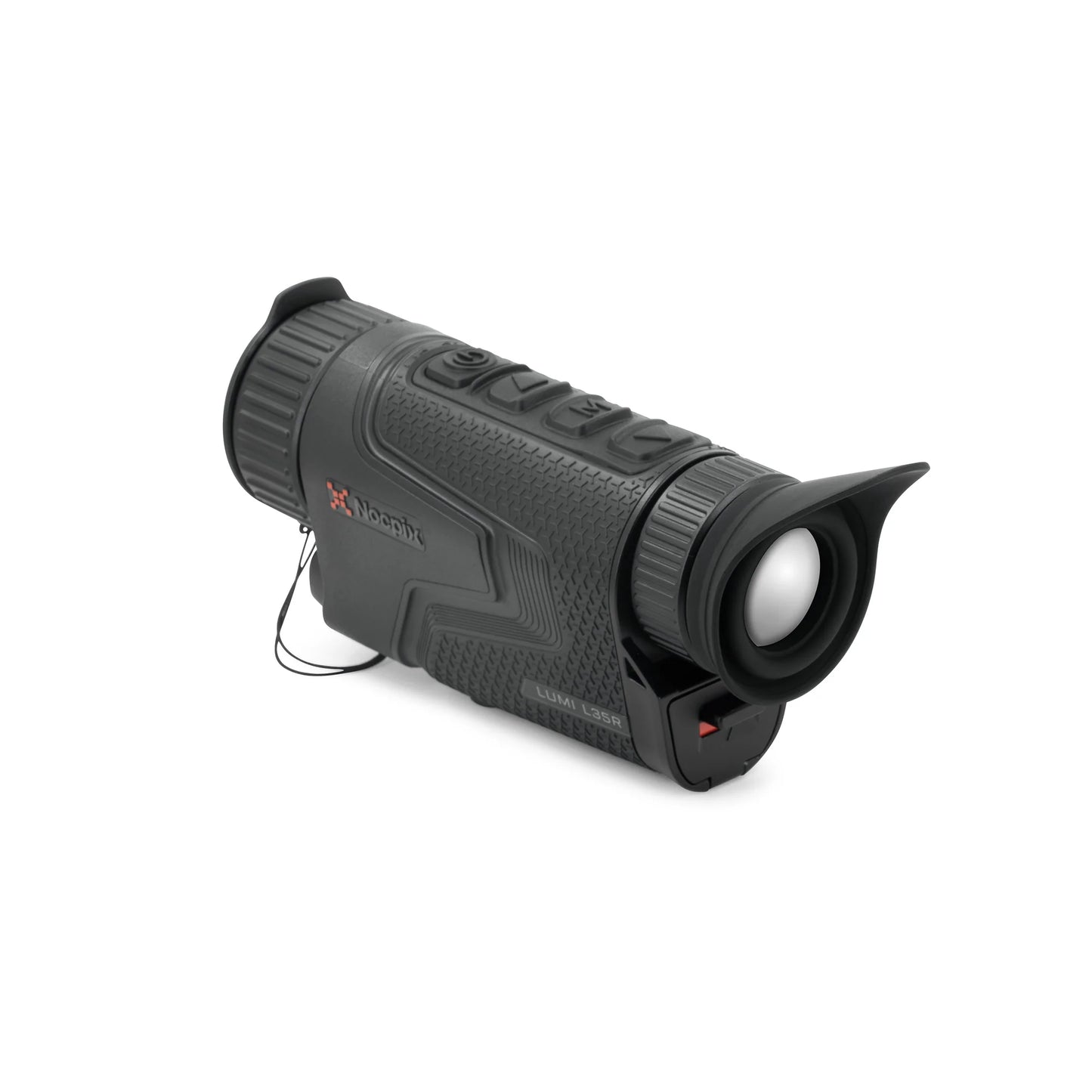 Handheld black thermal night vision monocular with textured grip on white background.