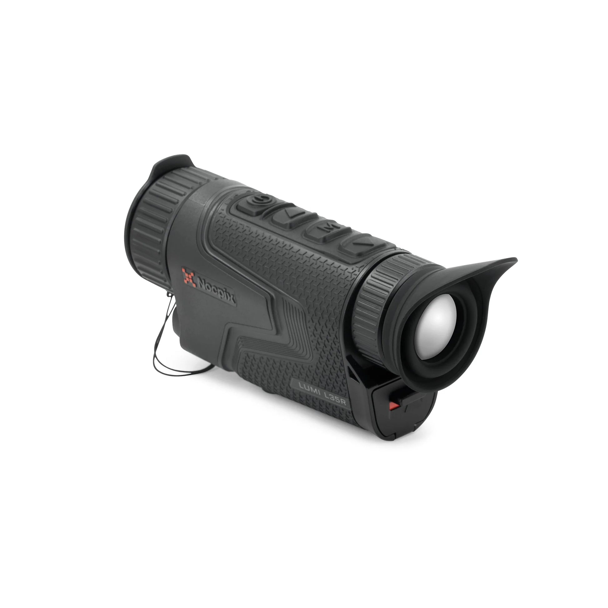 Handheld black thermal night vision monocular with textured grip on white background.
