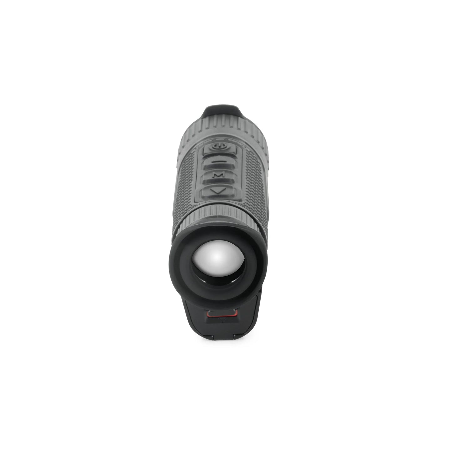 Thermal night vision monocular front view, grey body, controls visible, Night Vision Universe.
