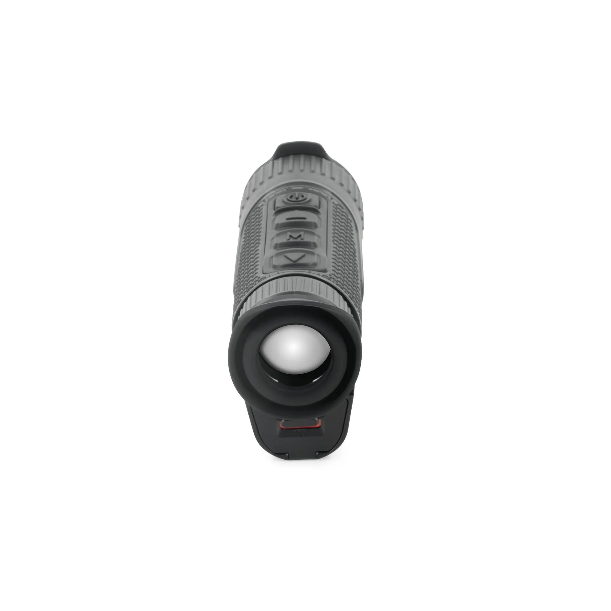 Thermal night vision monocular front view, grey body, controls visible, Night Vision Universe.