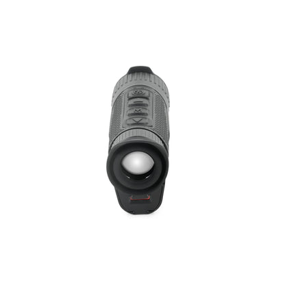 Thermal night vision monocular front view, grey body, controls visible, Night Vision Universe.