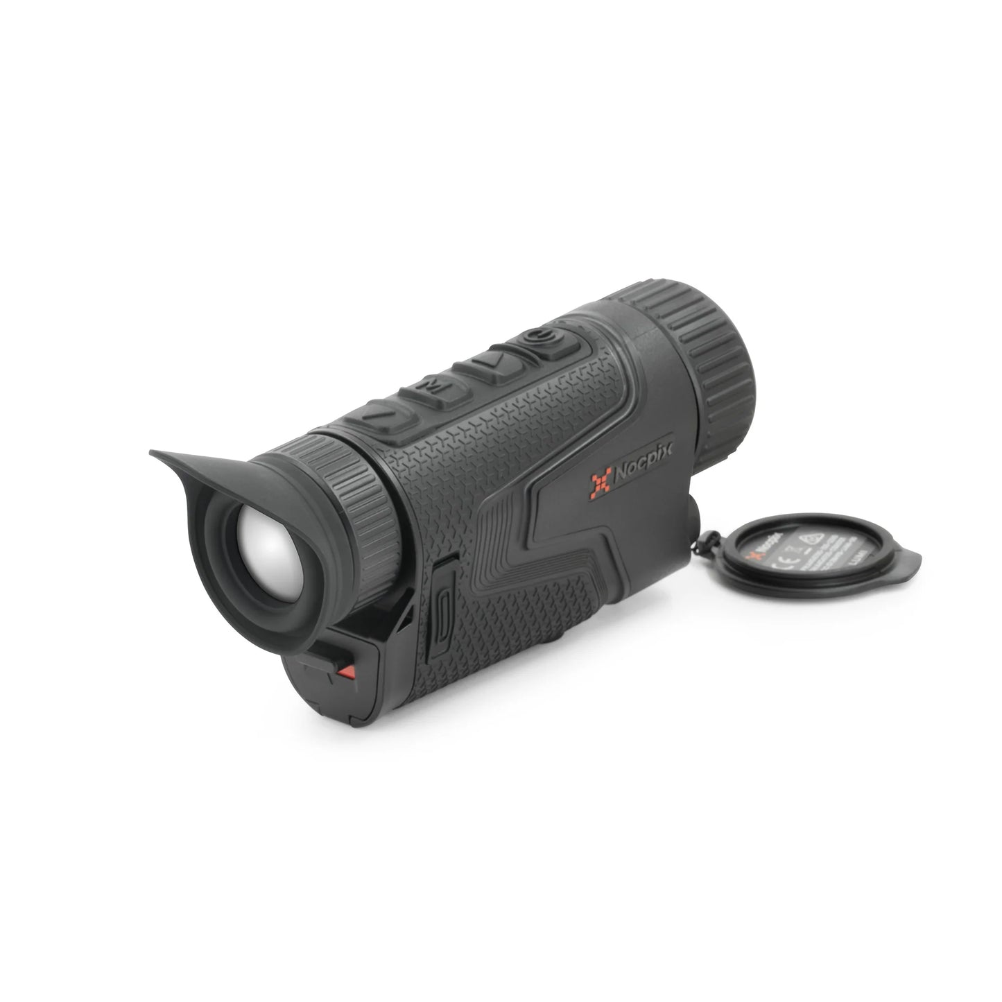 Handheld thermal night vision monocular with open lens cap, black textured body