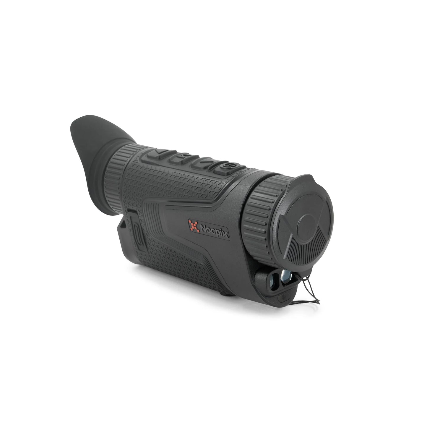 Noctyr thermal monocular with textured grip, lens cap closed, on white background