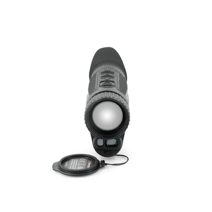 Thermal monocular night vision optic with open lens cap, front view on white background