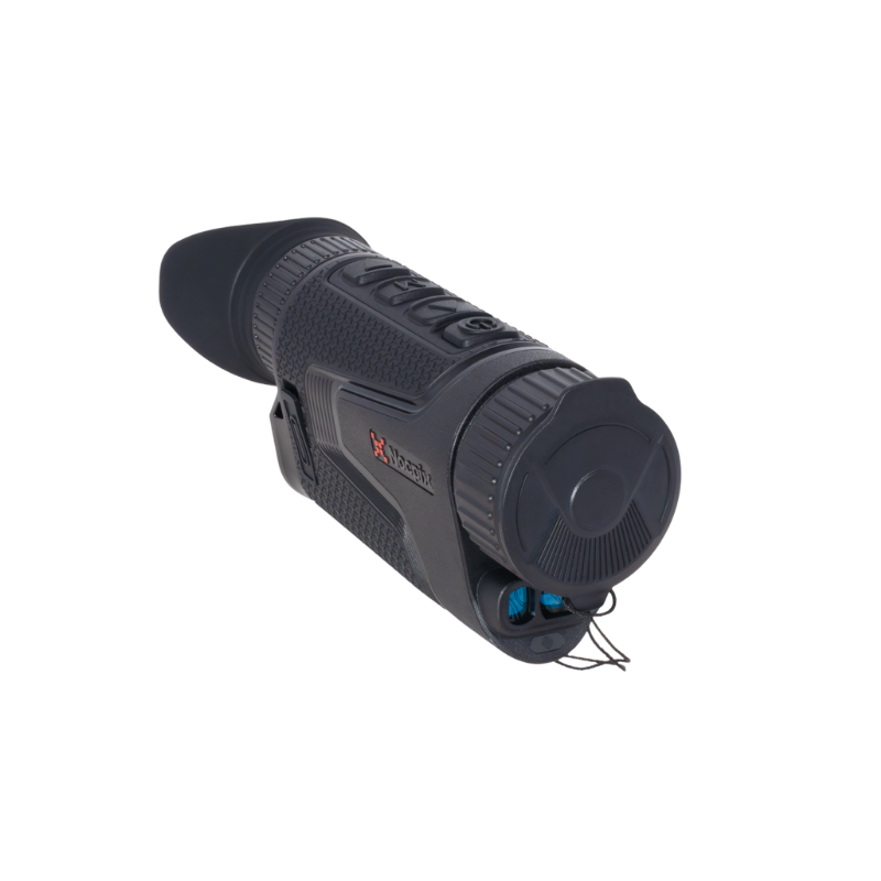 Black thermal night vision monocular with textured grip on white background