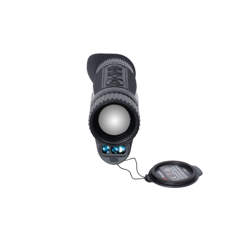 Thermal night vision monocular with open lens cap, black body, front view, isolated on white.