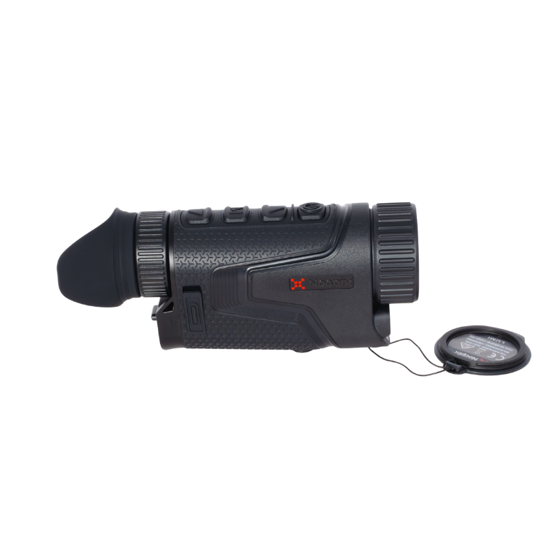 Nocturnal thermal monocular night vision optic with textured grip, side view on white