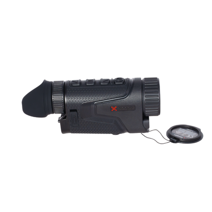 Nocturnal thermal monocular night vision optic with textured grip, side view on white