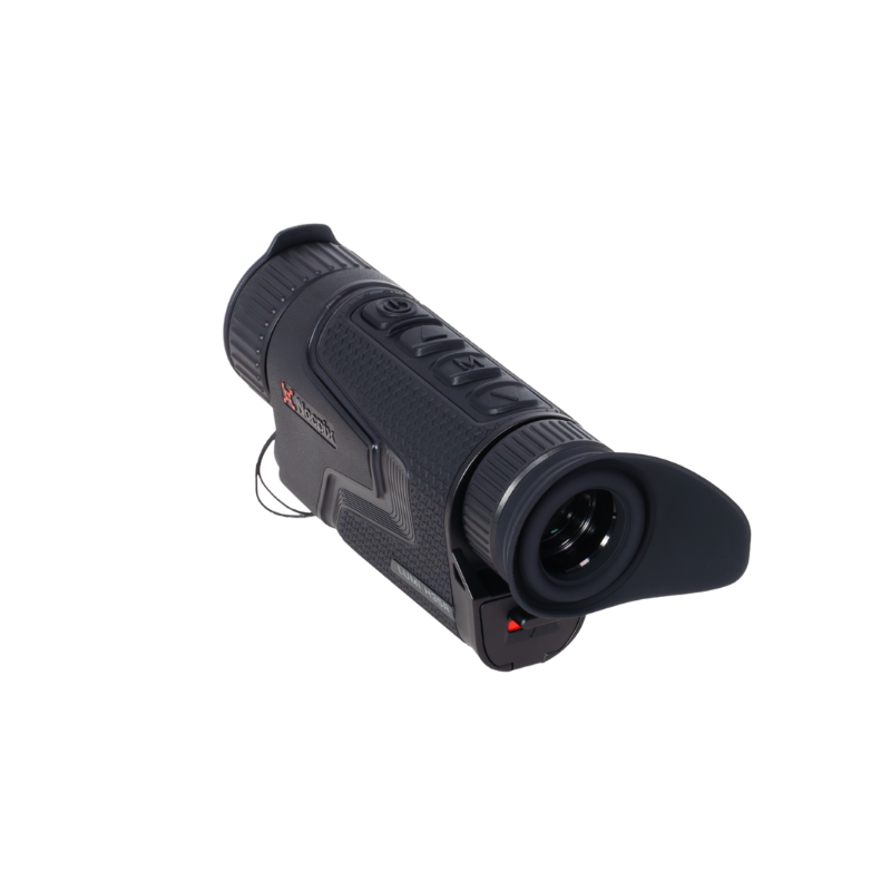 Handheld thermal monocular with textured grip, buttons, and eyepiece for night vision optics