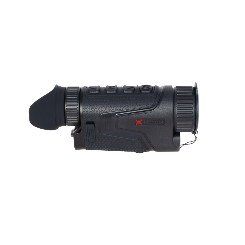 Handheld black thermal night vision monocular device, textured grip, product on white background