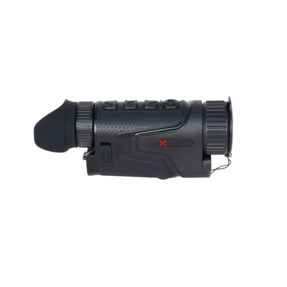 Handheld black thermal night vision monocular device, textured grip, product on white background