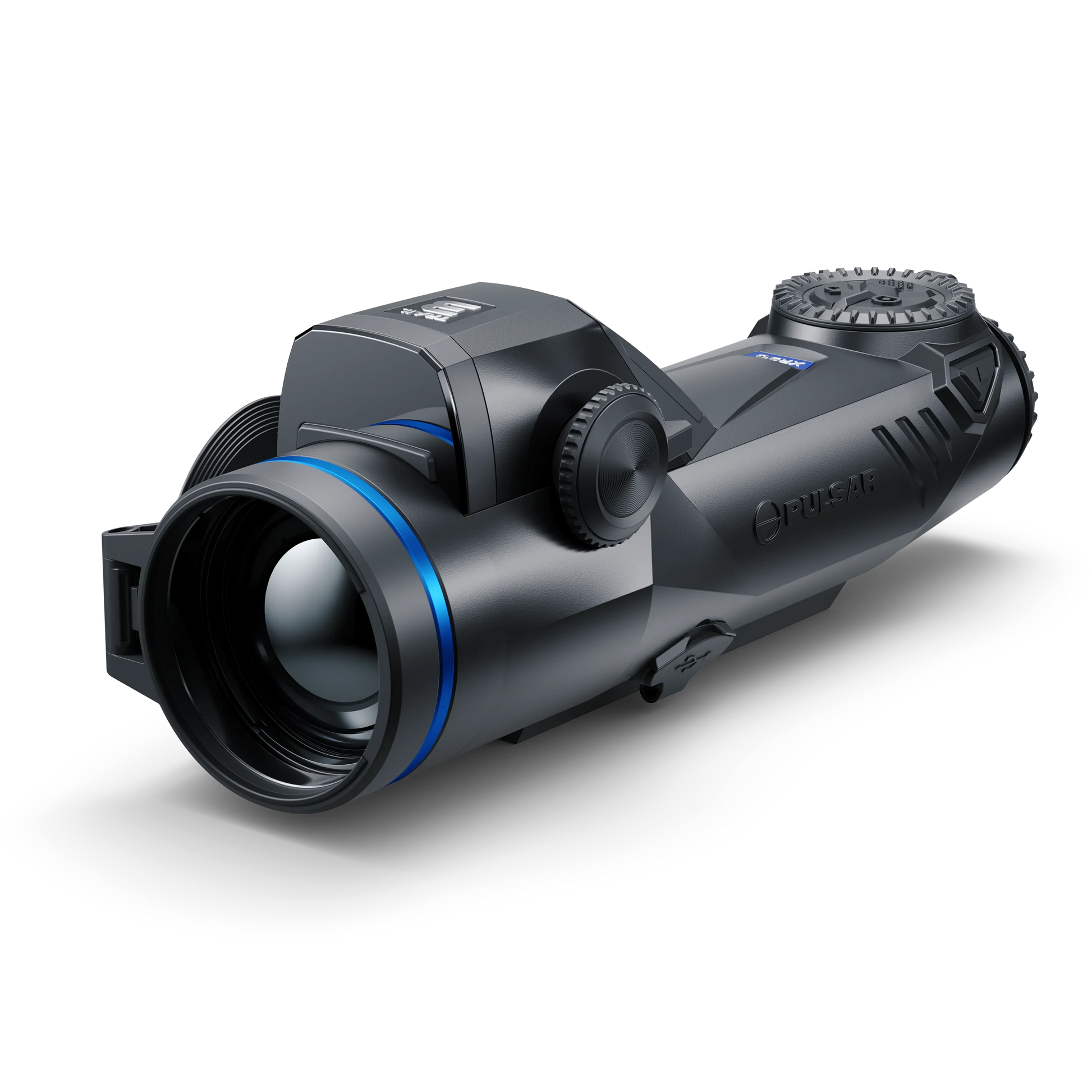 Pulsar thermal night vision monocular with blue accents on black background