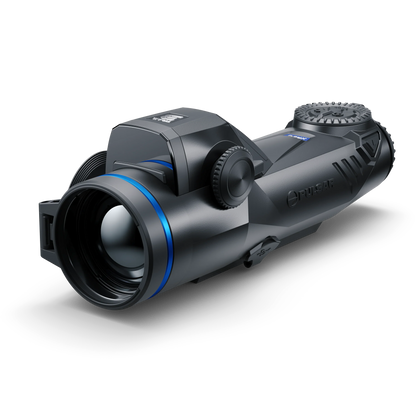 Pulsar thermal night vision monocular with blue accents on black background