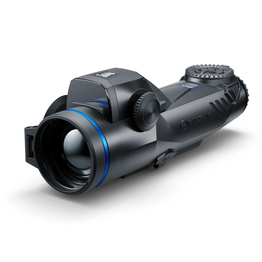 Pulsar thermal night vision monocular with blue accents on black background