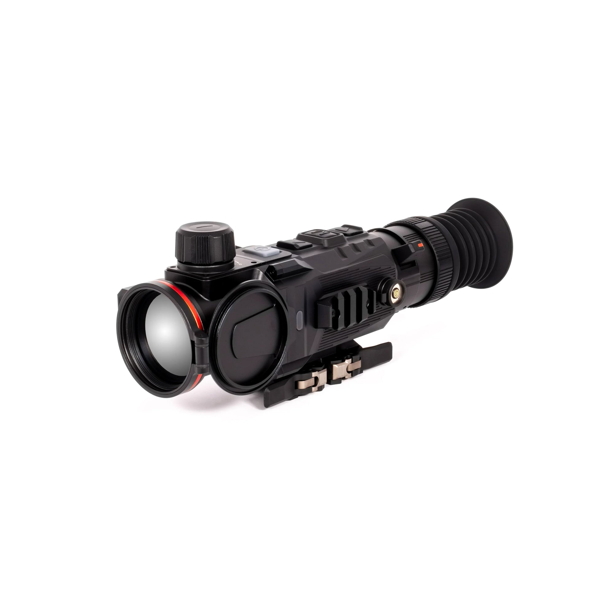 Black thermal night vision scope with red accent, tactical design, and mounting bracket for low-light use.