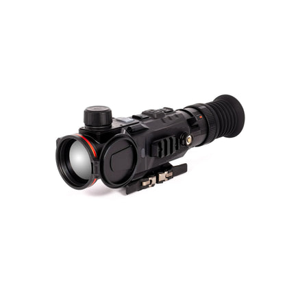 Black thermal night vision scope with red accent, tactical design, and mounting bracket for low-light use.