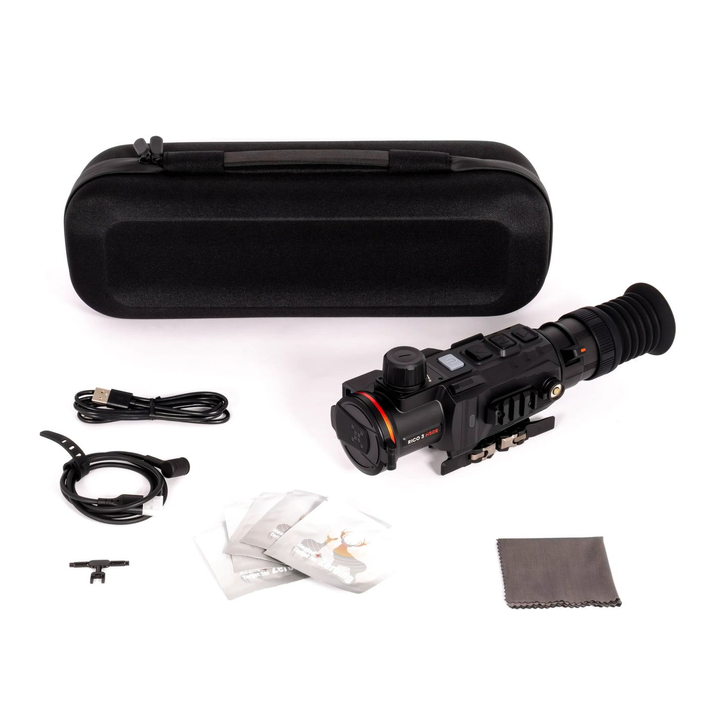 RICO 3 H50R thermal scope with case, USB cable, zeroing targets, and cleaning cloth for night vision hunting