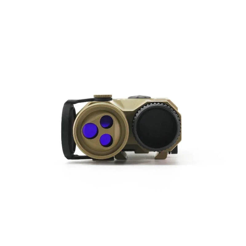 Tactical night vision optic device with purple lenses and tan body on white background