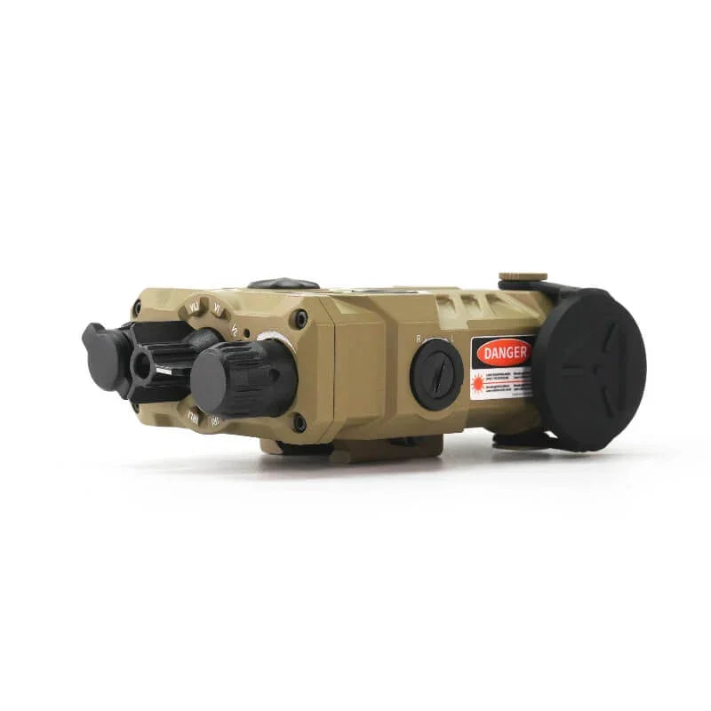 Tan tactical night vision laser device with adjustment knobs and visible warning label