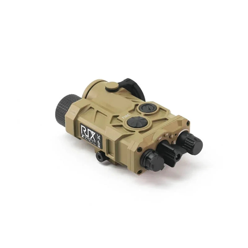 Tan tactical laser sight device with adjustment knobs and buttons, labeled RIP-3C