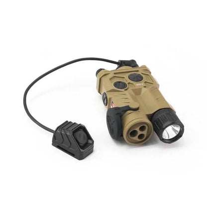 Tan tactical laser sight with flashlight and remote pressure switch for night vision optics
