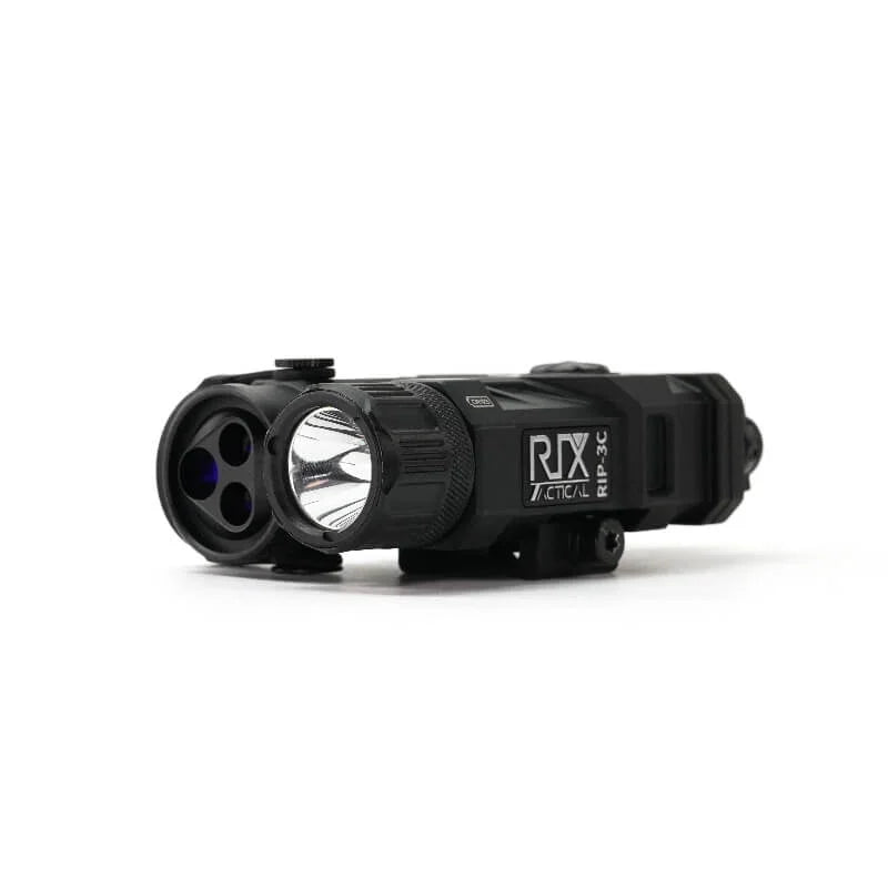 RX Tactical RIP-3C black flashlight with triple lens, tactical optic design, white background