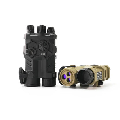 Black and tan tactical night vision optics devices with adjustment dials and lens openings