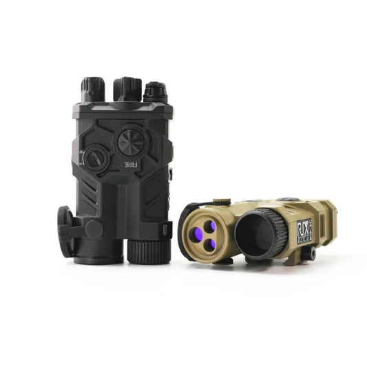 Black and tan tactical night vision optics devices with adjustment dials and lens openings