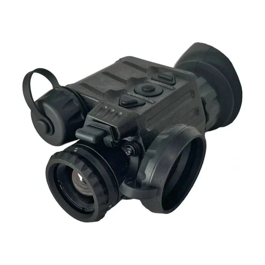 Compact digital night vision monocular with textured body and control buttons on white background