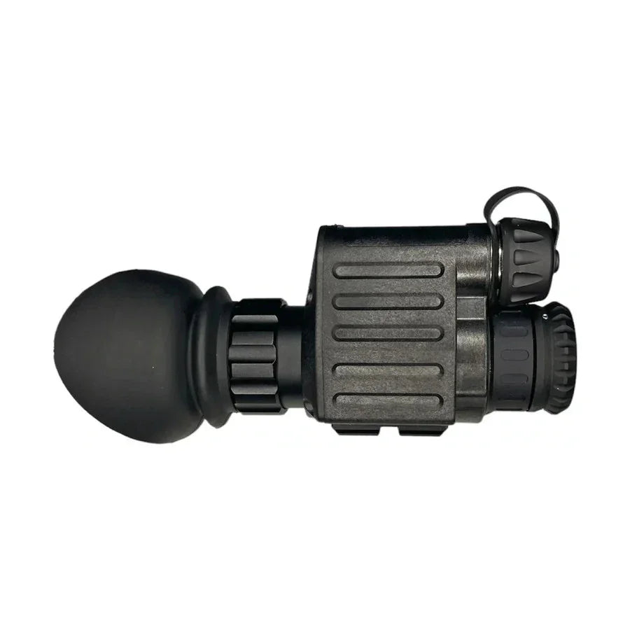 Compact black night vision monocular with textured body and rubber eyecup on white background