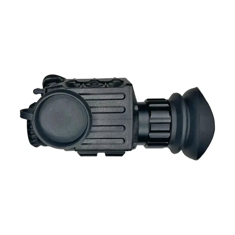 Compact thermal imaging monocular with lens cover and rubber eyecup, black, side view