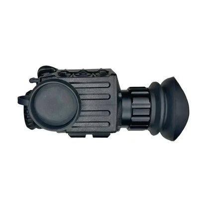 Compact thermal imaging monocular with lens cover and rubber eyecup, black, side view