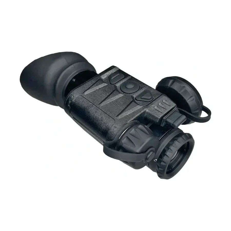 Compact digital night vision monocular with lens cover, textured body, and control buttons