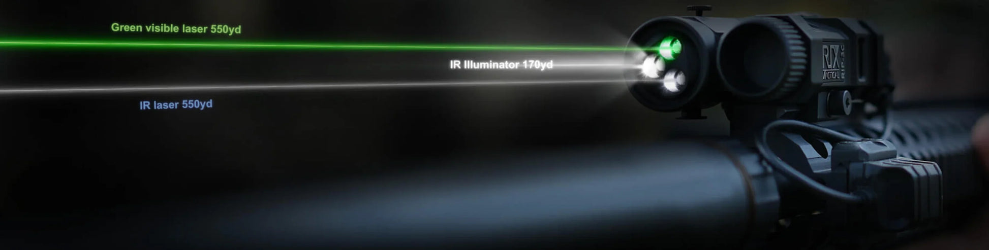 Rifle optic device with green laser, IR laser, IR illuminator beams and distance markers