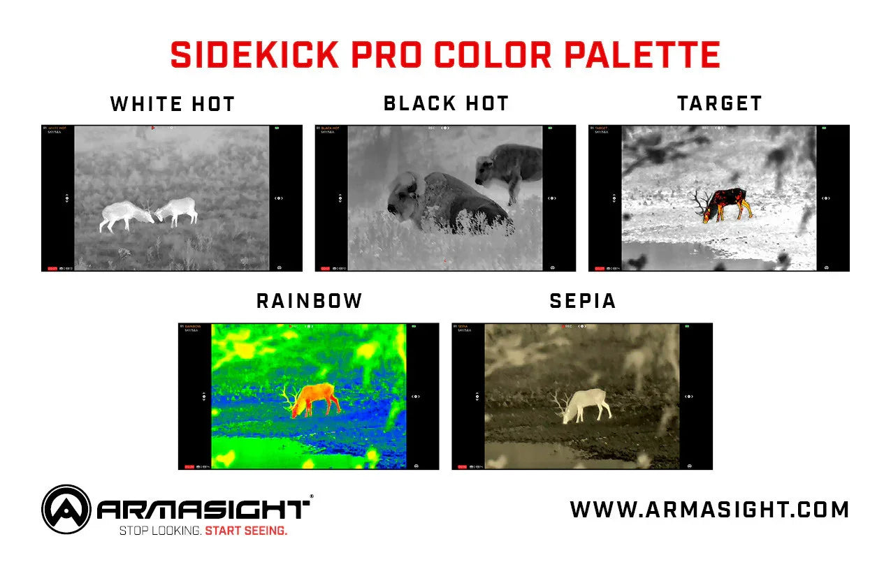 Sidekick Pro thermal scope color palette display with white hot, black hot, target, rainbow, and sepia modes