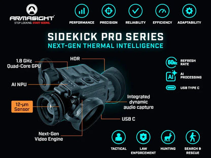 Sidekick Pro Series thermal optic infographic with features like 12μm sensor, AI processing, USB-C, quad-core GPU, and uses for tactical, law enforcement, hunting, and rescue.