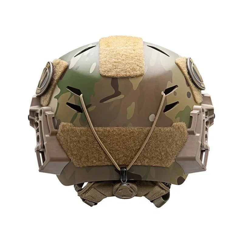 Rear view of a camouflage InfiRay tactical helmet with Velcro panels and NVG mounts