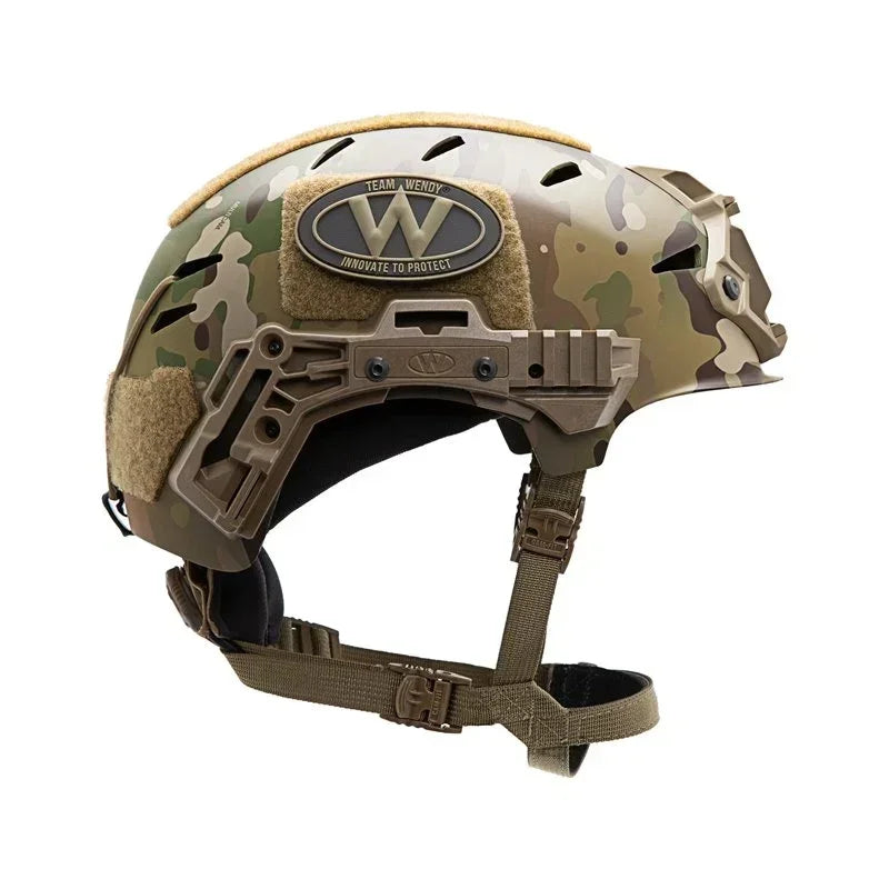 Team Wendy tactical helmet with camo pattern, rail system, and chin strap for military or airsoft use
